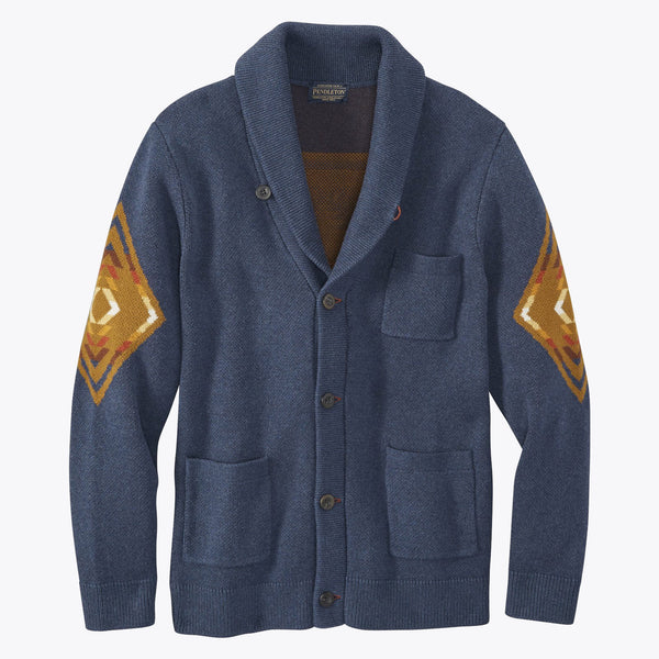 Cotton Jacquard Shawl Sweater - Navy Harding